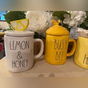 Rae Dunn set of mugs bee flamingo flower honey